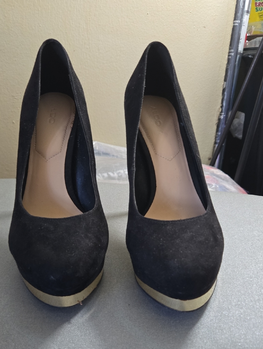 Aldo Black Suede Platform Pumps with Gold Accent